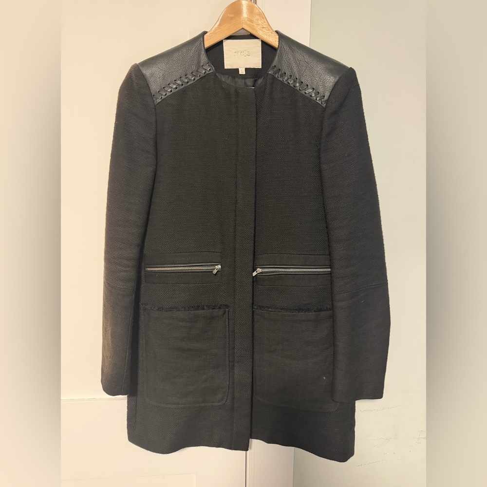 Maje Black Textured Collarless Trench Coat with Leather-Trim Shoulders